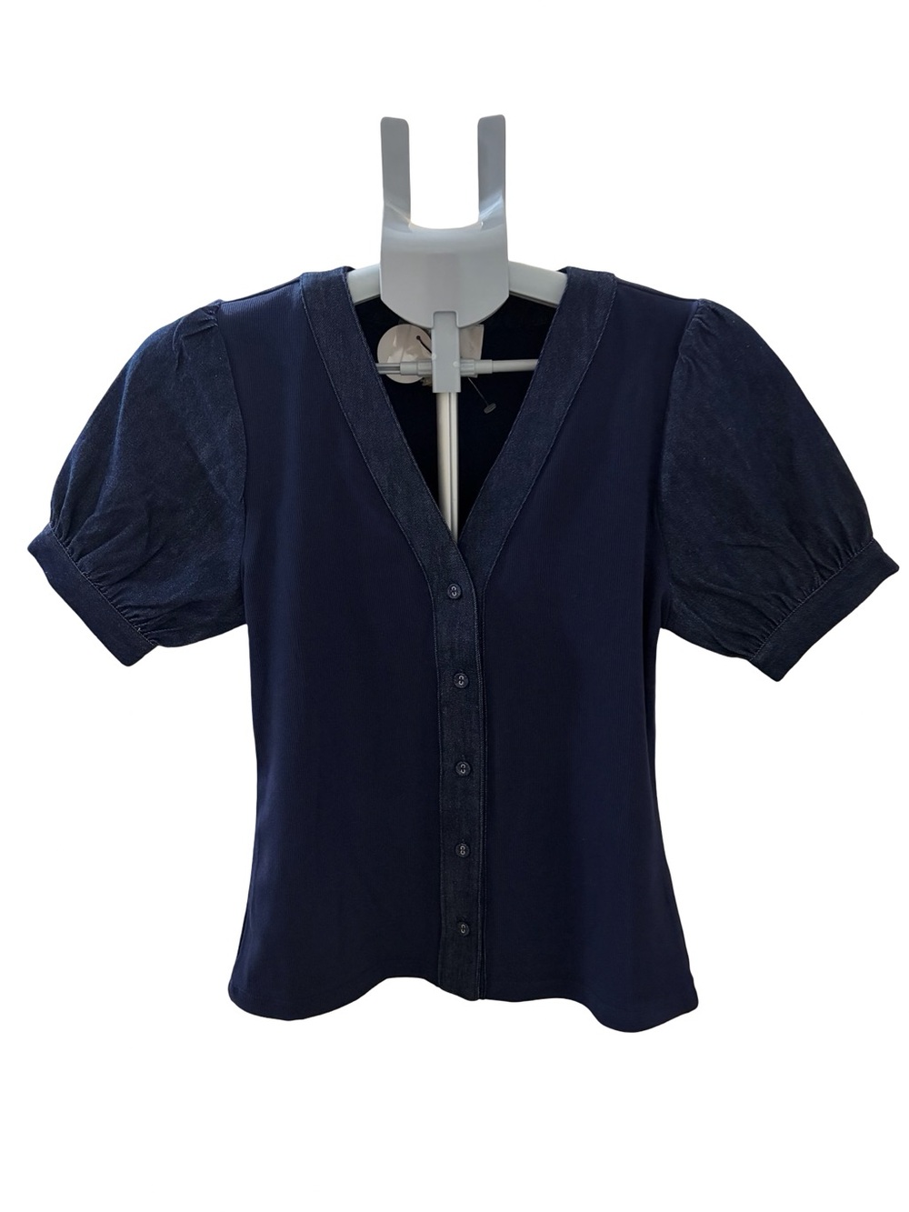 Navy Puff-Sleeve V-Neck Button-Front Top